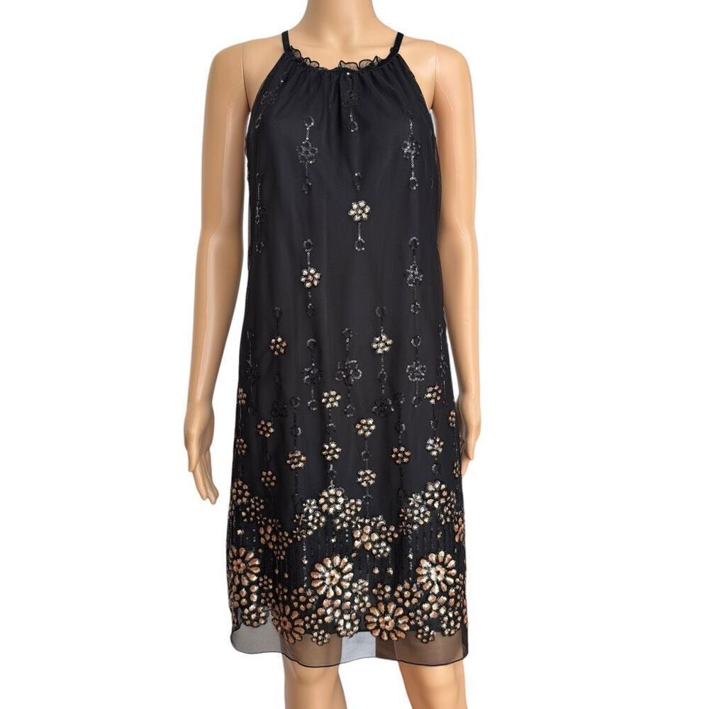 Max Studio Specialty Boho Chic VTG Black Gold Halter Floral Sequin Dress M NWT